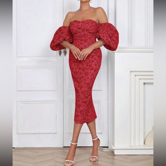 Luxe floral jacquard off shoulder party formal evening dress